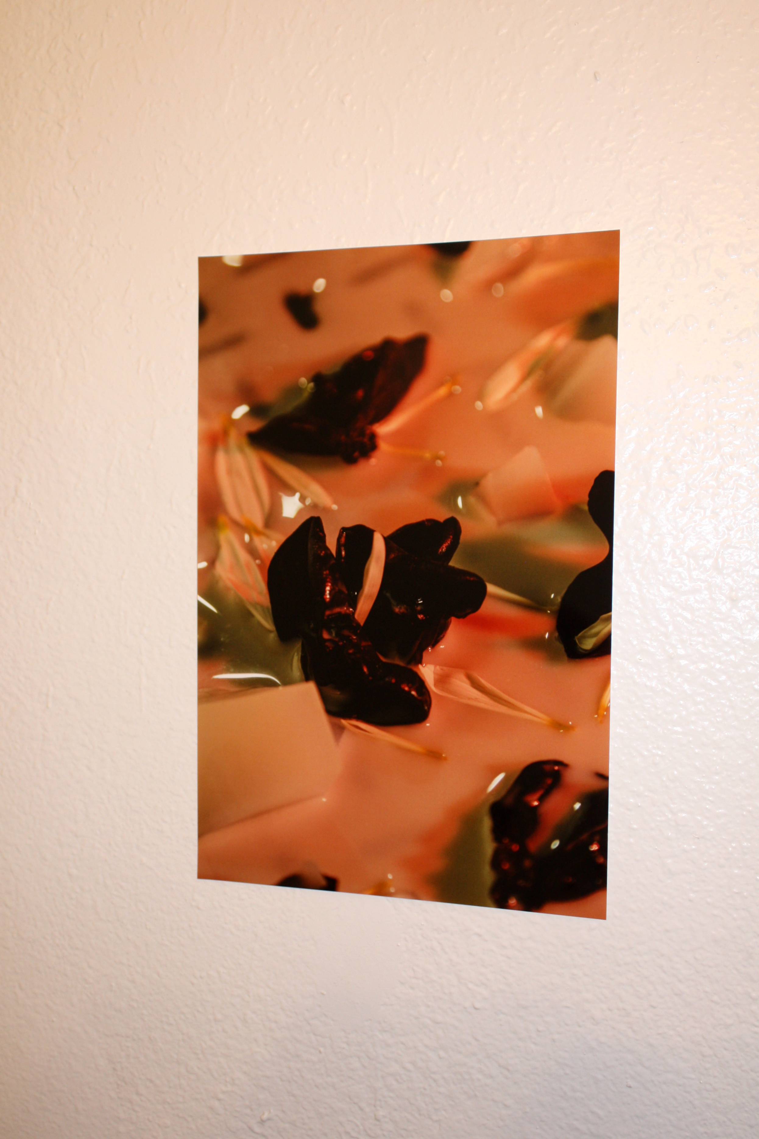Detail of a photo print of jello and food items in warm light